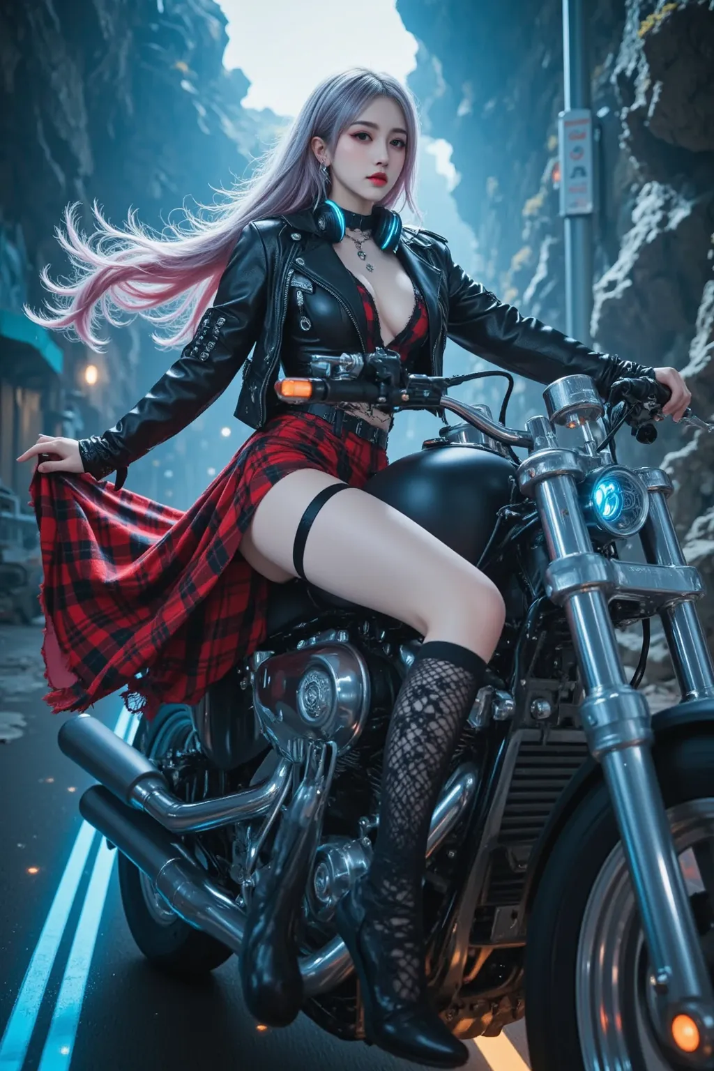 A rebellious woman races on her custom Harley-Davidson motorcycle, speeding through a semi-transparent underwater highway deep beneath the ocean. The road glows with neon blues and purples, surrounded by a dark abyss. Soft light filters through the water, ...