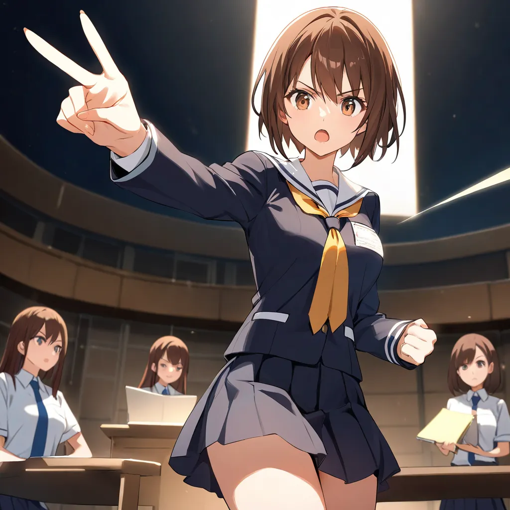 with an anime-style taste、A woman with short brown hair wearing a high school uniform、presentation presenting a strategic plan、While giving a