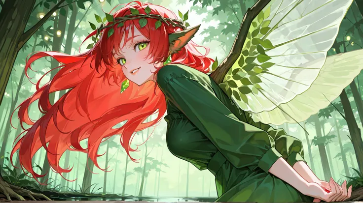 Girl with long bright red hair, fluttering in the wind, without bangs, bright green eyes, Glass retina, green dress, wreath of leaves and flowers big plump lips, slightly ajar , place your finger on your lower lip, looks at the viewer, ajar lips , rosy c...