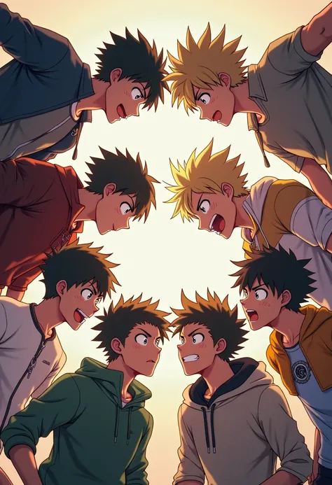 anime style, 8 guys staring each other in the eyes and smiling, ready to fight
