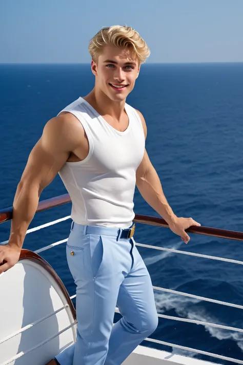 (Photorealistic，Ultra high definition，Highest quality，Best Quality，8k，RAW Photos，Super detailed，Ultra-high resolution，masterpiece) one sexy male sailor, 18 y/o, on a luxury ship in a tight, sexy sailor outfit, sailors cap, sleeveless tight white sailor-shi...