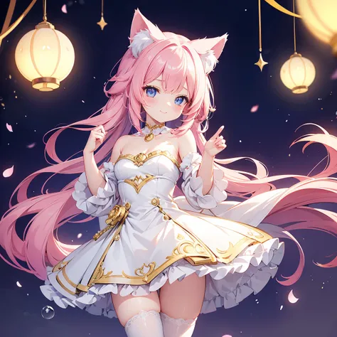 "An anime-style cat girl with soft, pastel pink hair that cascades down in silky waves, with subtle highlights that catch the light. Her feline ears, covered in matching pink fur with white tufts inside, perk up playfully. A long, fluffy pink tail sways be...