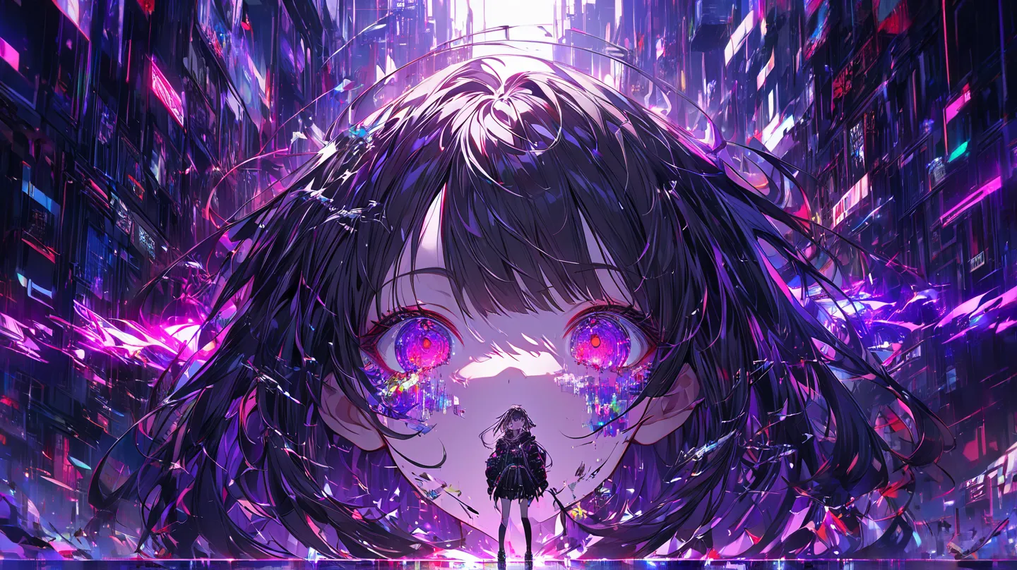 An anime-style girl with long black hair, reflecting neon red and purple lights.
Glowing red eyes, possibly cybernetic, with glitch effects or signal distortion, as if malfunctioning.
Face partially fragmented into pixels, breaking into digital data, like ...