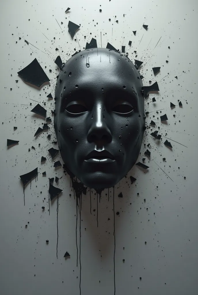 a black mask shatters on a glassy gray background