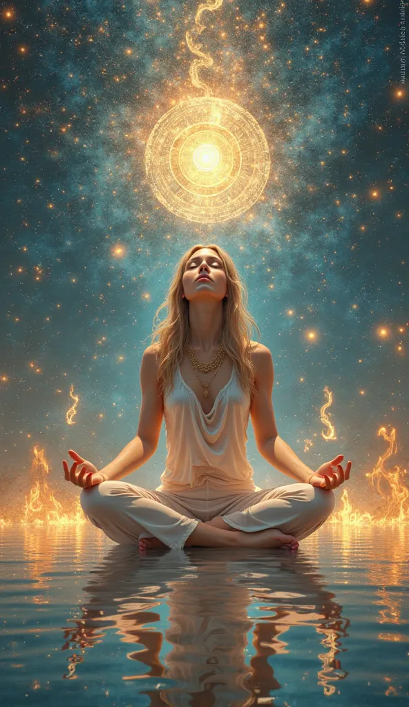 girl in lotus position around universe chakra body of water, fire, internal energy