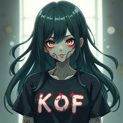 Cute zombie wears a shirt with a brand "KOF" anime, Closed Mouth, Long Hair, 