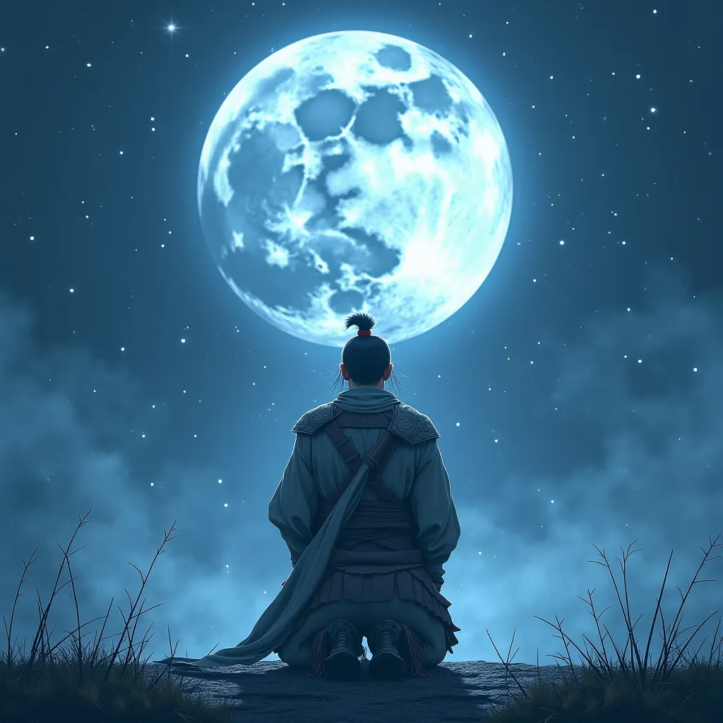 A lone warrior praying to Tsukuyomi for guidance, the silver glow of the moon illuminating his determined face