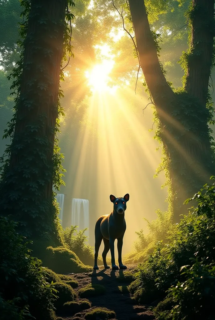 A breathtaking, cinematic digital artwork of a **dense jungle landscape** at sunrise — towering ancient trees wrapped in thick green vines, sunlight breaking through the misty canopy, casting golden beams across the damp forest floor. In the heart of the j...