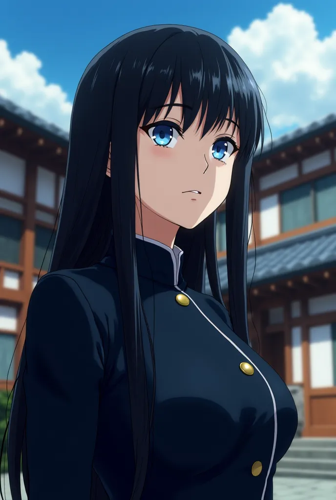 A woman with very long black hair, bright blue eyes and serious expression. She wears a dark uniform similar to that of Jujutsu Kaisen, with a gold button. Her posture is sideways looking at the horizon. The background is a Japanese-style house with natura...