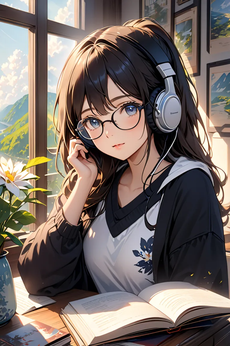 Female college student wearing black-rimmed glasses,with a well-formed face,gentle expression,one&#39;s home、4K,hdr, studio lighting,Focus on Details,beautiful,Soft colors,calm atmosphere,realistic texture,natural light,portrait、 has headphones hanging fro...