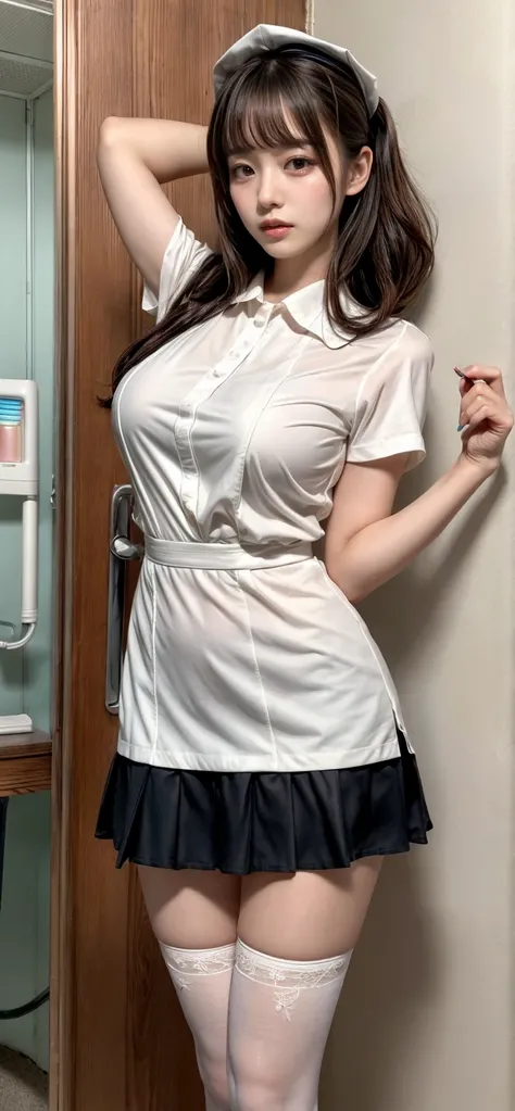 masterpiece, best quality, illustration, Super detailed, fine details, High resolution, 8K,wall paper, perfect dynamic composition,(Details High quality, realistic depiction of eyes:1.3), Hospital Rooms、White nurse cap、White tights、White nurse uniform、stan...