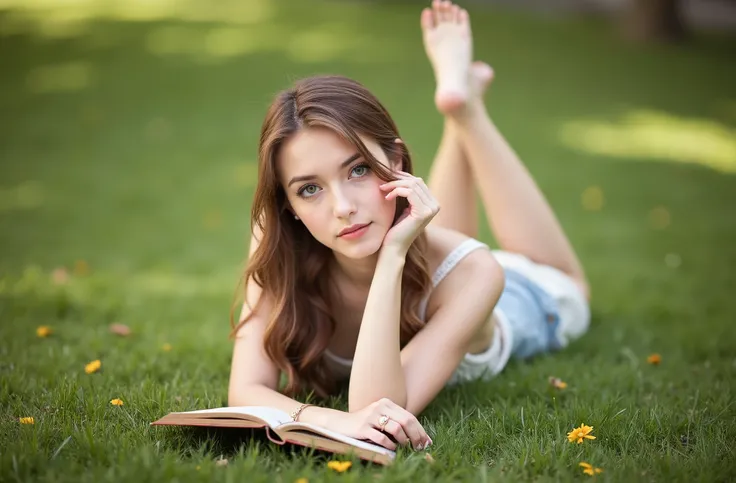 High quality, high definition photo of a very beautiful slender young woman 20 yo laying on the grass with a book in her hand, on green grass, beautiful model, beautiful adult book fairy, stretching her bared legs on the grass, lying on the grass, relaxing...