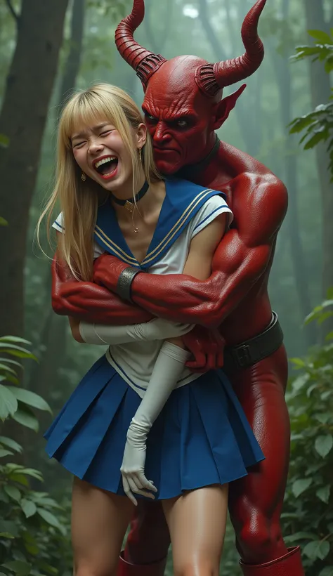 Hyperrealism, masterpiece, highest quality, A young Japanese woman is hugging from behind by a devil, ((she is crying and screaming in pain)), tears from her eyes, painful face, she is wearing a Sailor Moon costume, Blue sailor collar, Blue short mini plea...