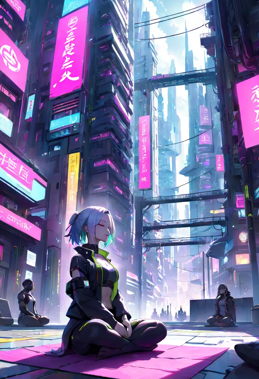 , Meditation in the middle of the big city,  Cyberpunk City, Cyberpunk Meditation  