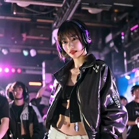 japanese woman,  dj, with headphone, in the club,  kawaii, ((very short cut:1.2)), crowds around, ((cyber punk, lighting effects1.2)), black business jacket, white shirt, ((DJ, dancing, on the stage:1.3))