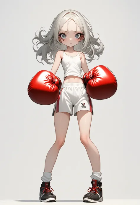 1 girl, is unique,Big eyes,, exquisite facial lines , dark eyeshadow ,set,Silver hair, thin waist, Extra Long Legs ,stand,Stand upright,socks,Shoes,boxing gloves, white background