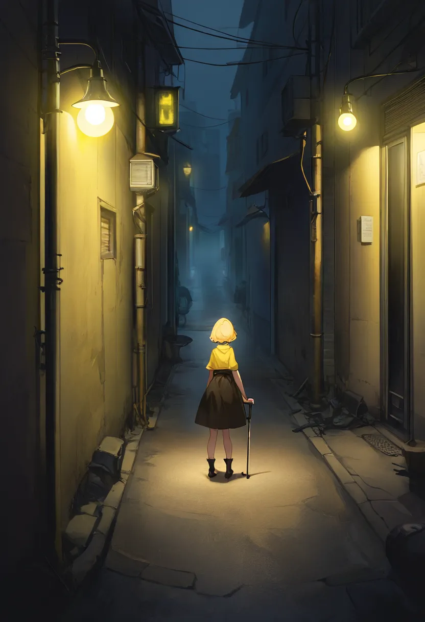  masterpiece, full body, Little blond woman with crutches in a Japanese back alley, Under the dim street lights（电线杆上的）, ((Little woman standing alone against a wall)), Long Shot, Oblique view, , (midnight),yellow light bulb light on a telephone pole, darkn...