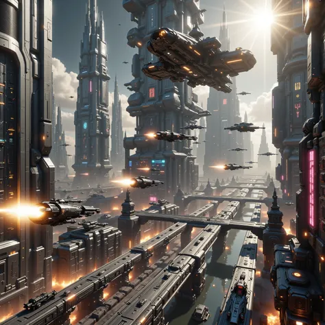 futuristic 3( best quality, 4k, 8k, highres, masterpiece:1.2, photorealistic, photo-realistic:1.37,) highly detailed futuristic cybercity, towering skyscrapers with gleaming metal facades, neon-lit streets bustling with advanced hover cars, holographic bil...