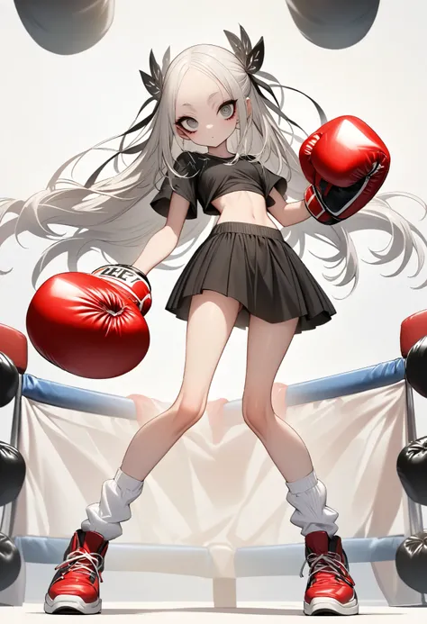 1 girl, is unique,Big eyes,, exquisite facial lines , dark eyeshadow ,set,Silver hair, thin waist, Extra Long Legs ,stand,Stand upright,socks,Shoes,boxing gloves, white background