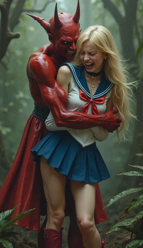 Hyperrealism, masterpiece, highest quality, A young Japanese woman is hugging from behind by a devil, ((she is crying and screaming in pain)), tears from her eyes, painful face, she is wearing a Sailor Moon costume, Blue sailor collar, Blue short mini plea...