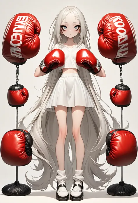 1 girl, is unique,Big eyes,, exquisite facial lines , dark eyeshadow ,set,Silver hair, thin waist, Extra Long Legs ,stand,Stand upright,socks,Shoes,boxing gloves, white background