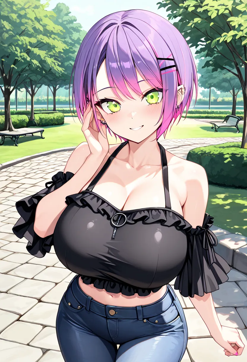 (highest quality , 8k , masterpiece , incredibly absurdres , perfect body , super detailed skin , highly detailed eyes and face , 1 woman ) , tokoyami towa , purple Hair , Green eyes , smile ,  will be happy , ( Ruffled sleeve top,  tight jeans , park , st...