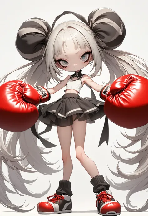 1 girl, is unique,Big eyes,, exquisite facial lines , dark eyeshadow ,set,Silver hair, thin waist, Extra Long Legs ,stand,Stand upright,socks,Shoes,boxing gloves, white background