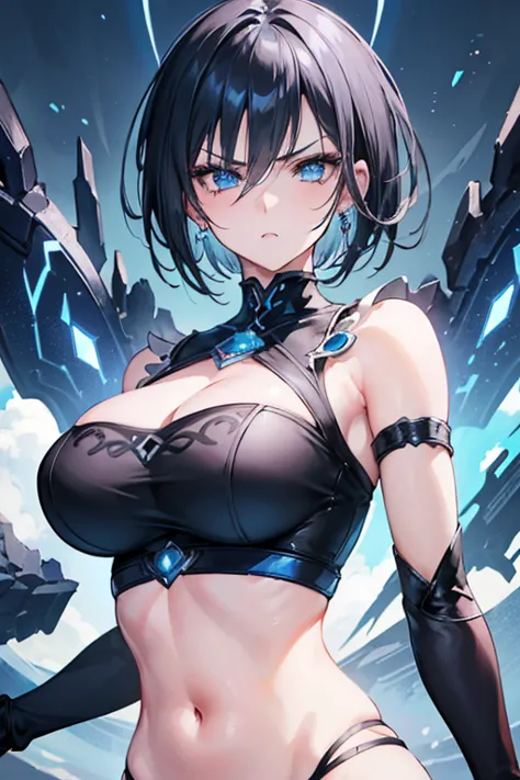 1girl, black short haired, light blue eyes, beautiful detailed eyes, beautiful detailed lips, extremely detailed face and eyes, longeyelashes, large breasts, slim waist, angry expression, cute, cleavage, crop top, action pose