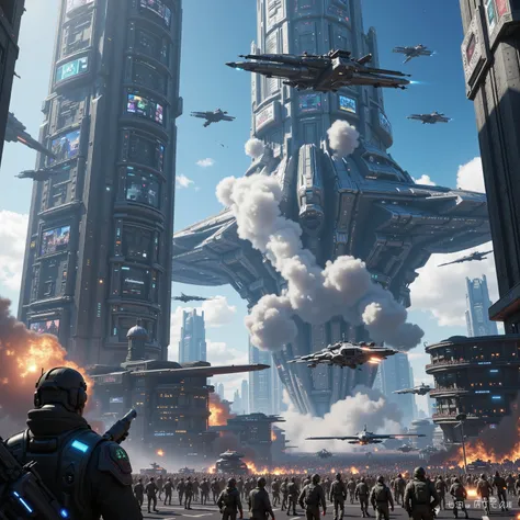 Futuristic 2 (Best quality,4k,8k,highres,masterpiece:1.2), photorealistic,photo-realistic:1.37),highly detailed futuristic cybercity. Skyscrapers with media screens for windows reach high into a clear blue sky. A giant war craft has crashed into a skyscrap...