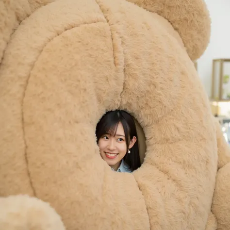 「A playful Japanese woman peeking out from the belly of a giant teddy bear, with a cheerful expression. She has long black hair, wearing casual clothes, and her face is visible as she playfully hides inside the teddy bear. The teddy bear is enormous, soft,...