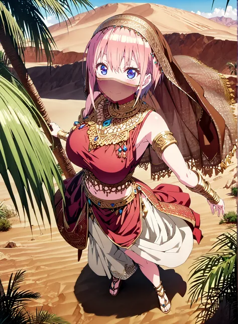 score_9, score_8_up, score_7_up,  source_anime,  Nakano Ichika,  short hair, Alone,bangs, blue eyes,  o, pink hair near MM, smile,blush,Big Breasts,Chest Valley,Arabian clothing,  dancer , mouth Veil, belly Dancing, Veil, armlet, Bare legs,is standing,palm...