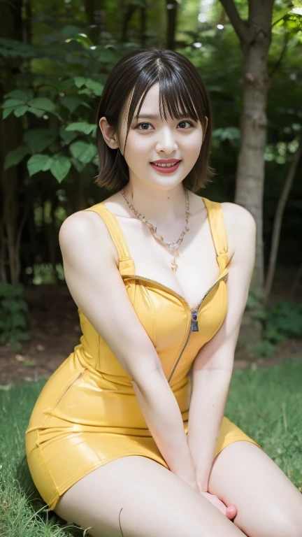 yellow dress， short dress , sleeveless dress, Full length zipper，Soft big breasts、 selfie　cosplay，necklaces，  Broom. extra flip hair,short hair smile，slender body，red lipstick，Take a full-body photo，Beautiful legs， real face，perfect face，Small face，I'm in ...