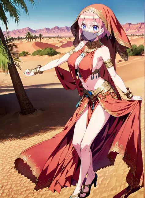 score_9, score_8_up, score_7_up,  source_anime,  Nakano Ichika,  short hair, Alone,bangs, blue eyes,  o, pink hair near MM, smile,blush,Big Breasts,Chest Valley,Arabian clothing,  dancer , mouth Veil, belly Dancing, Veil, armlet, Bare legs,is standing,palm...