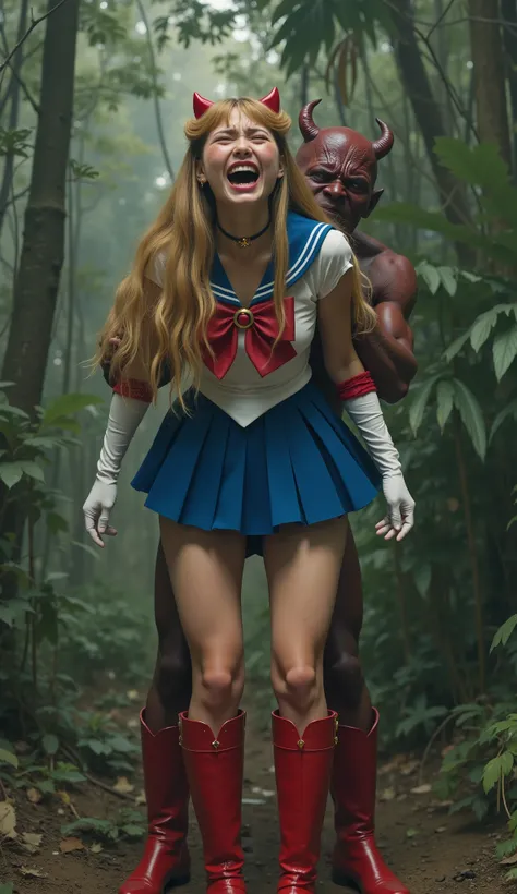 Hyperrealism, masterpiece, highest quality, A young Japanese woman is bending down and hugging from behind by a devil, ((she is crying and screaming in pain)), tears from her eyes, painful face, she is wearing a Sailor Moon costume, Blue sailor collar, Blu...