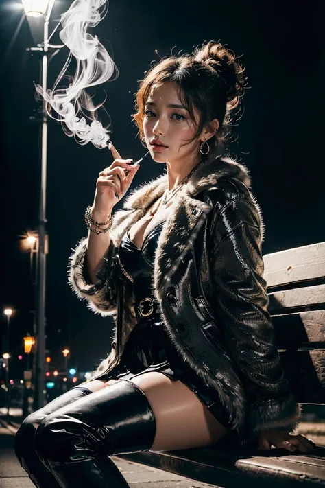 highest quality,greatest masterpiece,highest resolution,Photorealistic,(Late Night,Pitch Darkness:1.4,One street lamp with a faint light:1.4,She's sitting on a bench right under a street lamp and smoking:1.4,I have a lighted cigarette on my finger:1.6,The ...