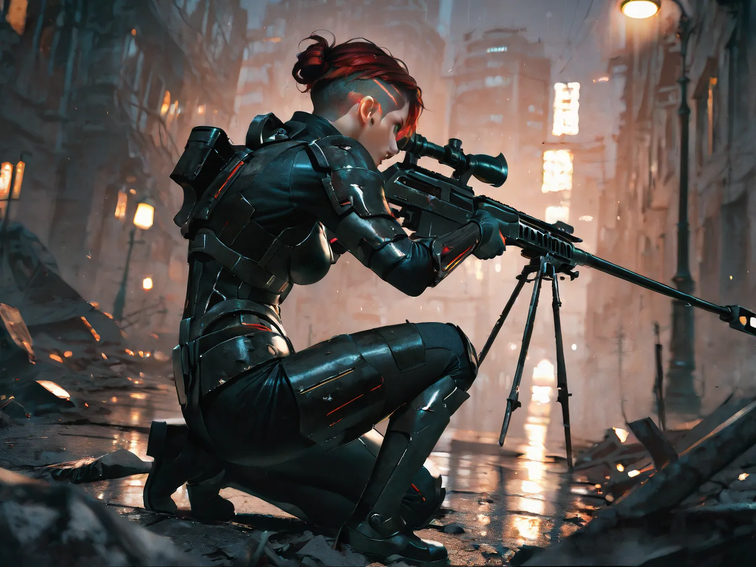 Photograph, photorealistic, distant view, long shot, 1woman in the midground, solo, femshepxl, crimson hair, messy bun hairstyle, (undercut hairstyle:1.32), emerald green eyes, (black and red) N7 armour, damaged armour, medium breasts, ((all-black) anti-ma...