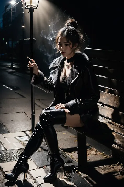 highest quality,greatest masterpiece,highest resolution,Photorealistic,(Late Night,Pitch Darkness:1.4,One street lamp with a faint light:1.4,She is sitting on a bench right under a street lamp smoking:1.4,I have a lighted cigarette in my hand:1.6,The stree...