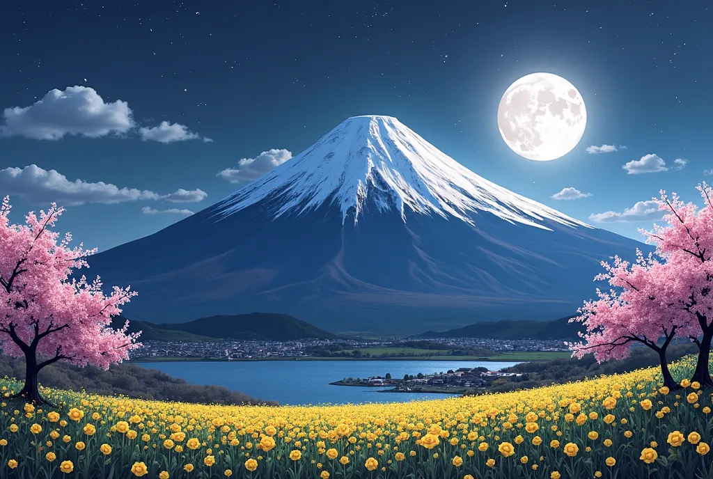 Mt. Fuji with snow left on the summit　There is a lake at the foot　Cherry blossom trees and canola flower fields at the foot of the mountain　Spring Night。The Earth is illuminated by the light of the full moon