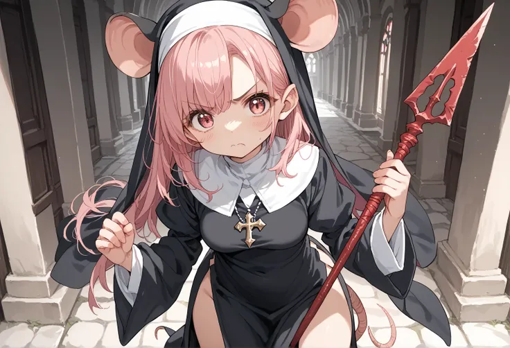 score_9, score_8_up, score_7_up, score_6_up, score_5_up, source_anime, 1girl, nun, solo, cute, looking at viewer, fantasy, pink long hair, (rat ear, rat tail:1.1), (medium breast:1.2), side slit, shy, angry, gbfpxnl, (holding a spear:1.3)