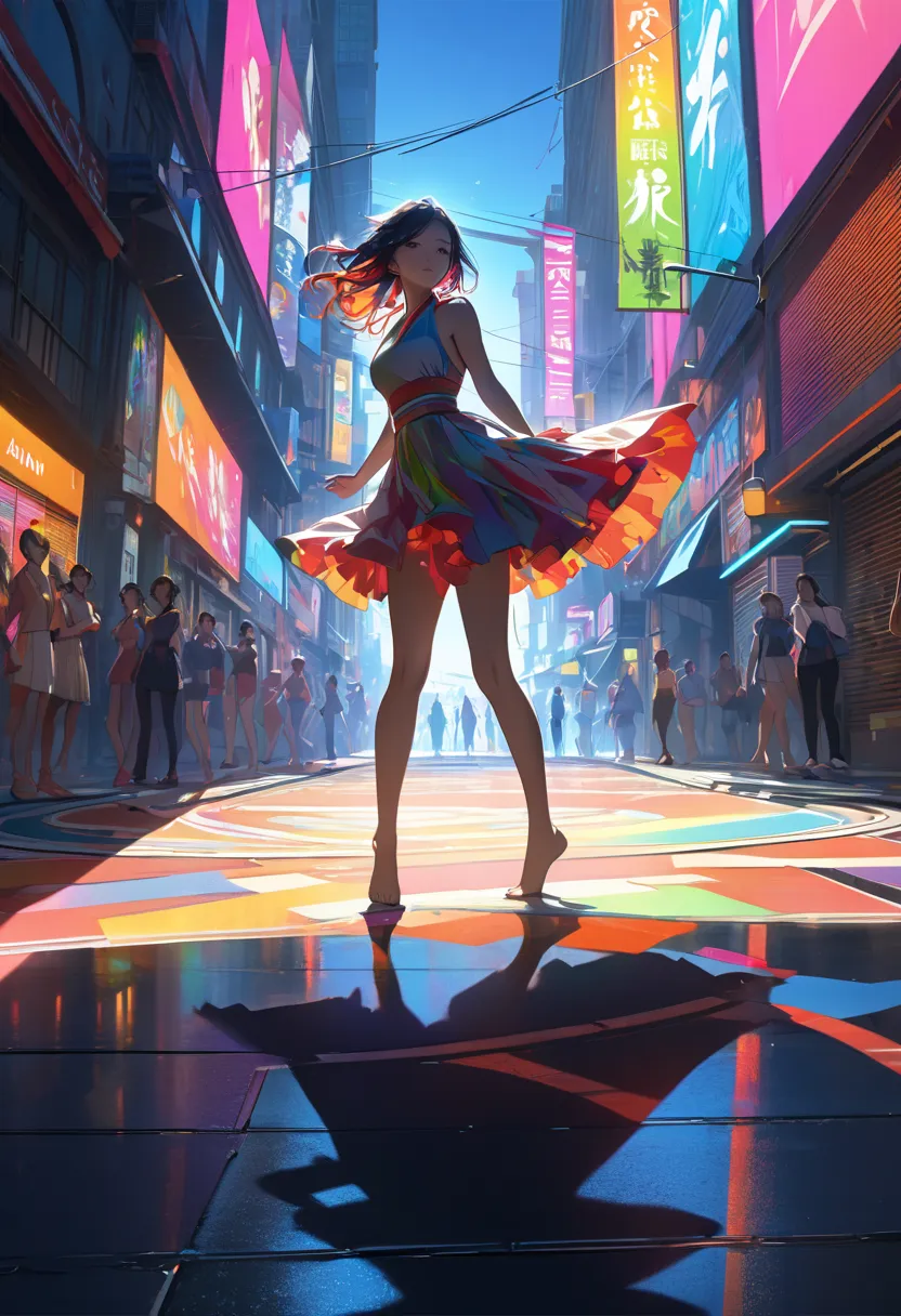 Illustrate a vibrant scene of a female performer standing upright beside a glowing streetlight, The streetlight bathes the area in intense light and her figure is motionless and perfectly straight exuding an air of calm, From her feet bold and dynamic shad...