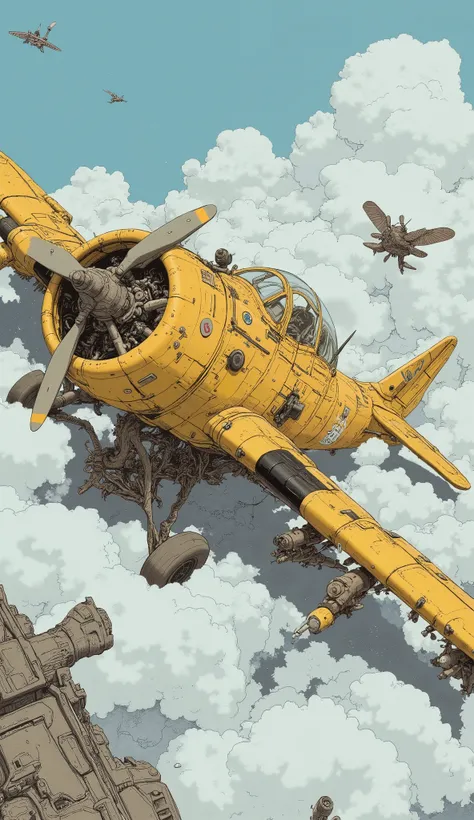 I have a drawing of an airplane,  concept art by Kamisaka Yukika , Pixiv, what is it？, yellow wind and paul robertson, yellow wind,  kashart kentz , full color illustration, Lower corner, Background air combat, War Art Style, Kshat Garland, Digital colorin...