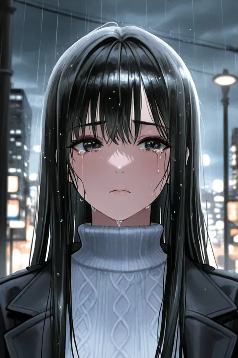 crying in the rain、Portrait of a sad girl with only her upper body、Tears、Heavy raindrops falling、Wet hair that sticks to the skin、Eyes full of sorrow、際立った唇 、Soft light from street lights is reflected in the eyes、 white clear skin  、Cold wind moves damp hai...