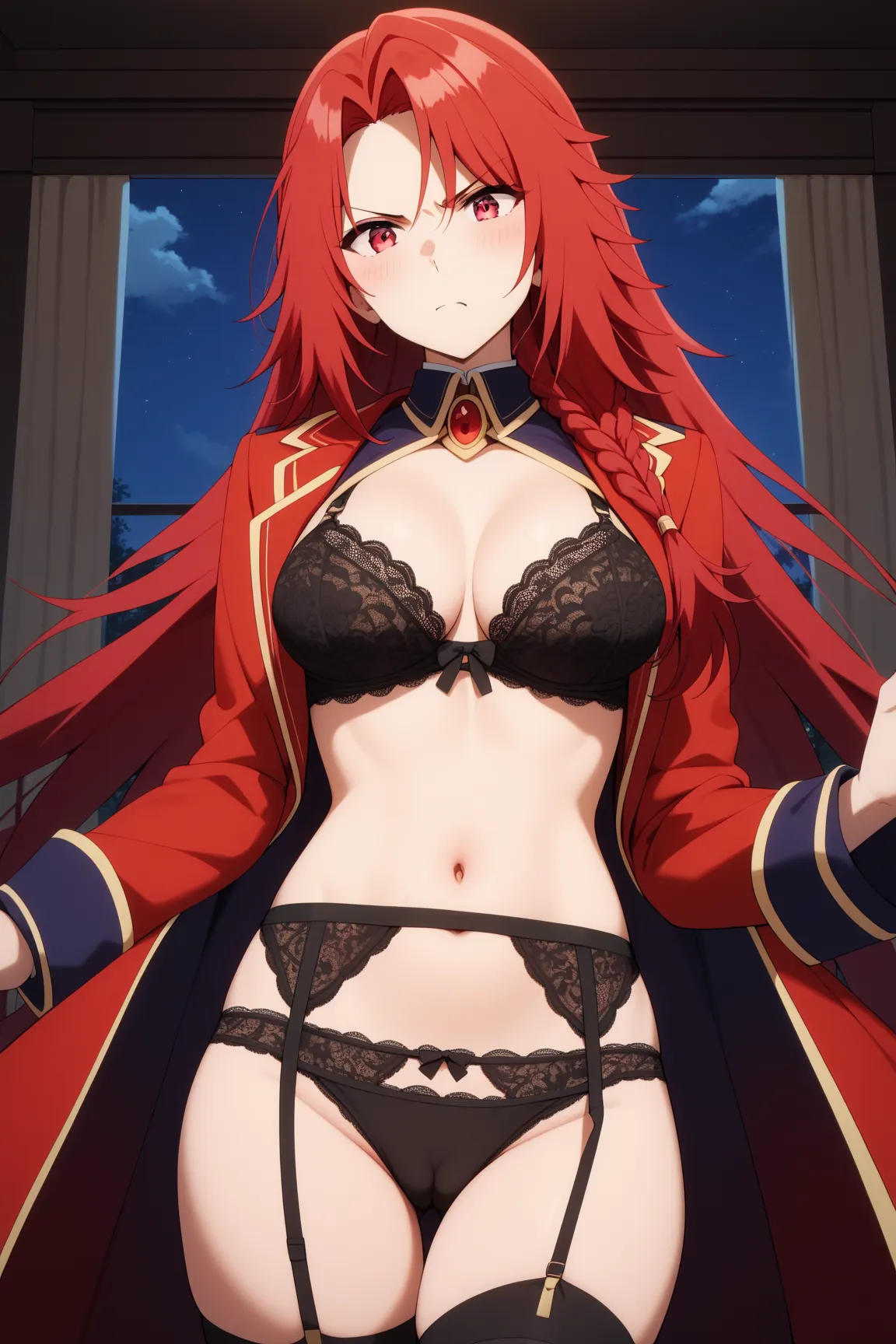 masterpiece,best quality,{{detailed beautiful face and eyes}}, very detailed background,
Iris Midgar,{{{megami magazine}}},long hair,red hair,braid,parted bangs,red eyes,medium breasts,
((black Lace Bra,black Lace Panties,black garter belt)),
1girl,camelto...