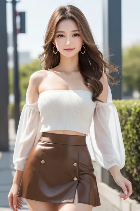 （Brown layered wavy hair）,Heavy makeup、(1,two females,Japanese):1.2、8K, Seductive smile,tall：1.4、a small face、Nikon Z 85mm, ((Best Quality)) ,((masterpiece)), intricate detailes, Professional, Realistic, Photorealistic、 ((Strapless,Baretop midriff,Sexy min...