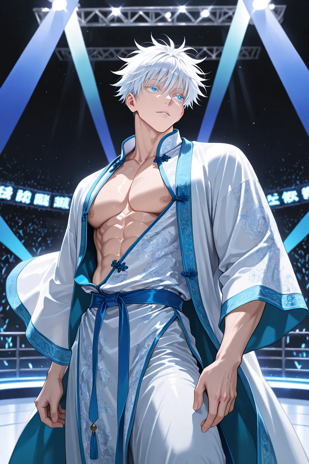 masterpiece, best quality, amazing quality, very aesthetic, depth of field, cowboy shot, solo, 1 man , gojou satoru, jujutsu kaisen, white hair, short hair, blue eyes, muscular, handsome, sexy man, fashion show, white traditional chinese robe, with blue de...