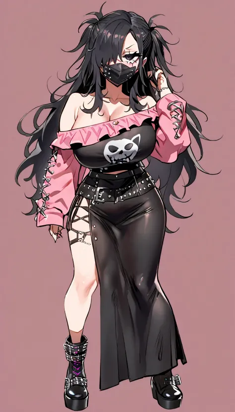 (Simple background), single, standing, fullbody, 1girl, (mature woman), large breast, pink clothes, off-shoulder, punk, black face mask, hair over one eye, black eyes, (eye bags), disheveled, long hair, black hair, messy hair