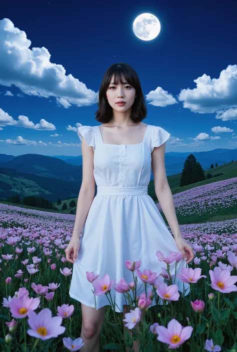 Create an image of a stunning 20-year-old Japanese girl with fair skin stands gracefully in a moonlit flower field. She has medium-length straight hair with parted bangs, and she wears a white summer dress. The background features a stunning patchwork of f...