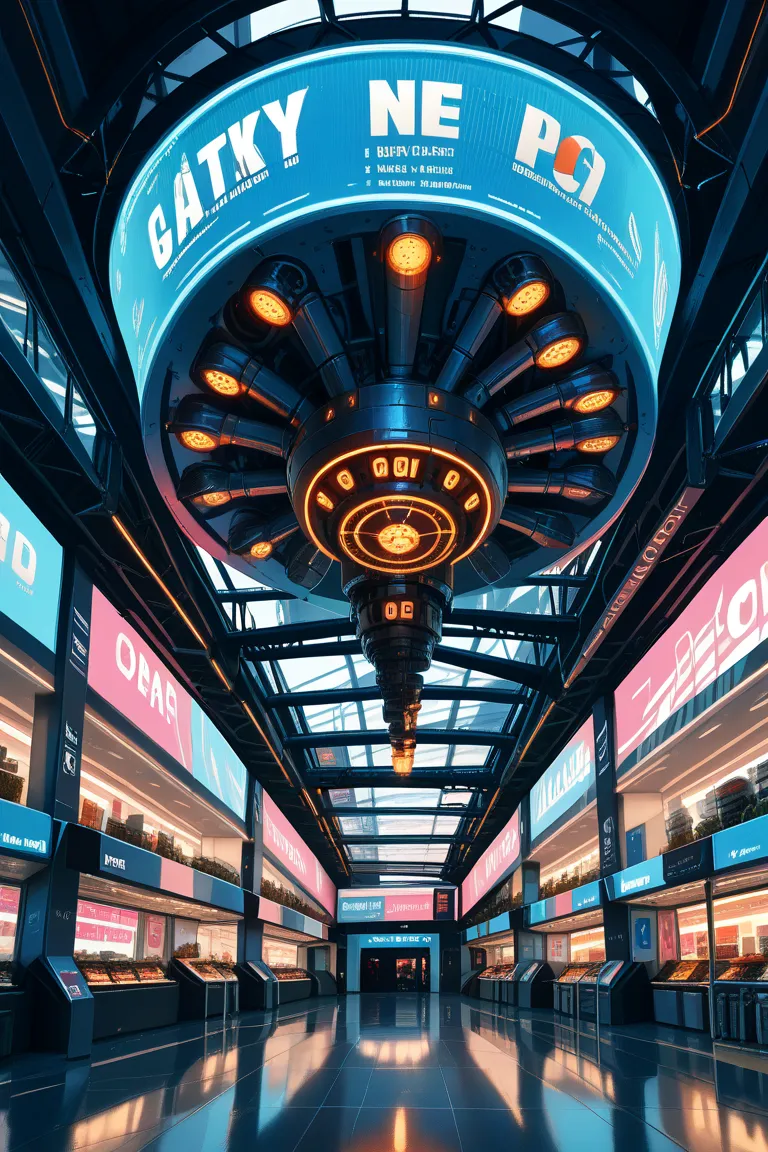 the interior of a majestic cyberpunk city。in a space like a shopping mall with a huge circular structure、is packed with highly advanced technology。a huge mechanical tower rises in the center、countless neon displays and holograms emitting light while rotati...