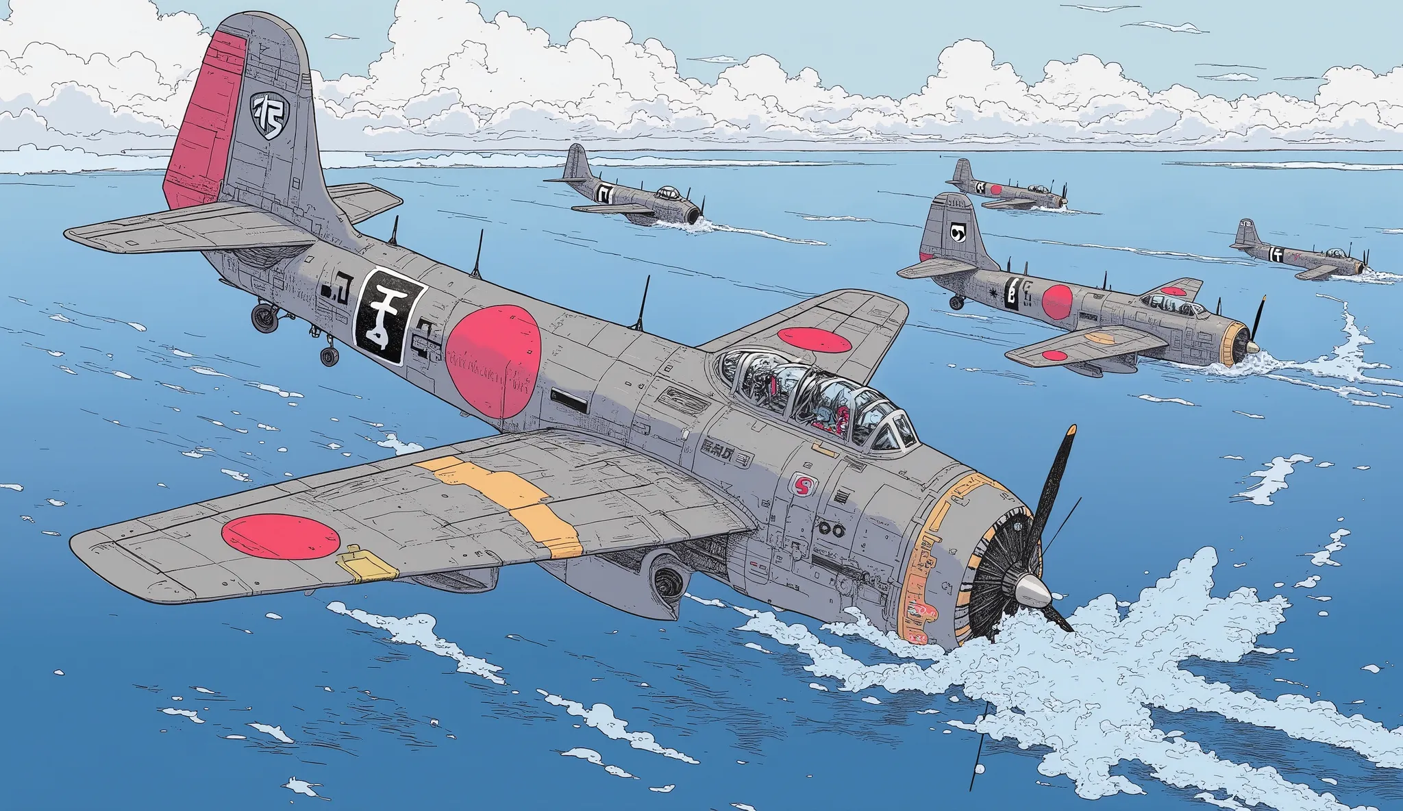 Japanese custom fighter from World War II, by Kamisaka Sekka, Zero Fighter and paul robertson, by Yoshihiko Wada, Zero Fighter, Kamisaka Yukika with an image of mid,  kashart kentz , Yoshida Akihiko , full color illustration, Turning、The fleet is visible b...