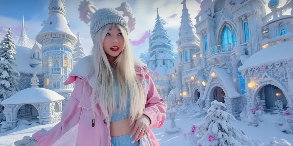 a lovely snow elf (cute, ae 22, pale skin, pale hair, ice blue eyes, delicate dress made of frost and sparkling ice, slippers of delicate ice), she is wandering through an ice crystal replica of a medieval city, winter wonderland, sun sparkling trough ice